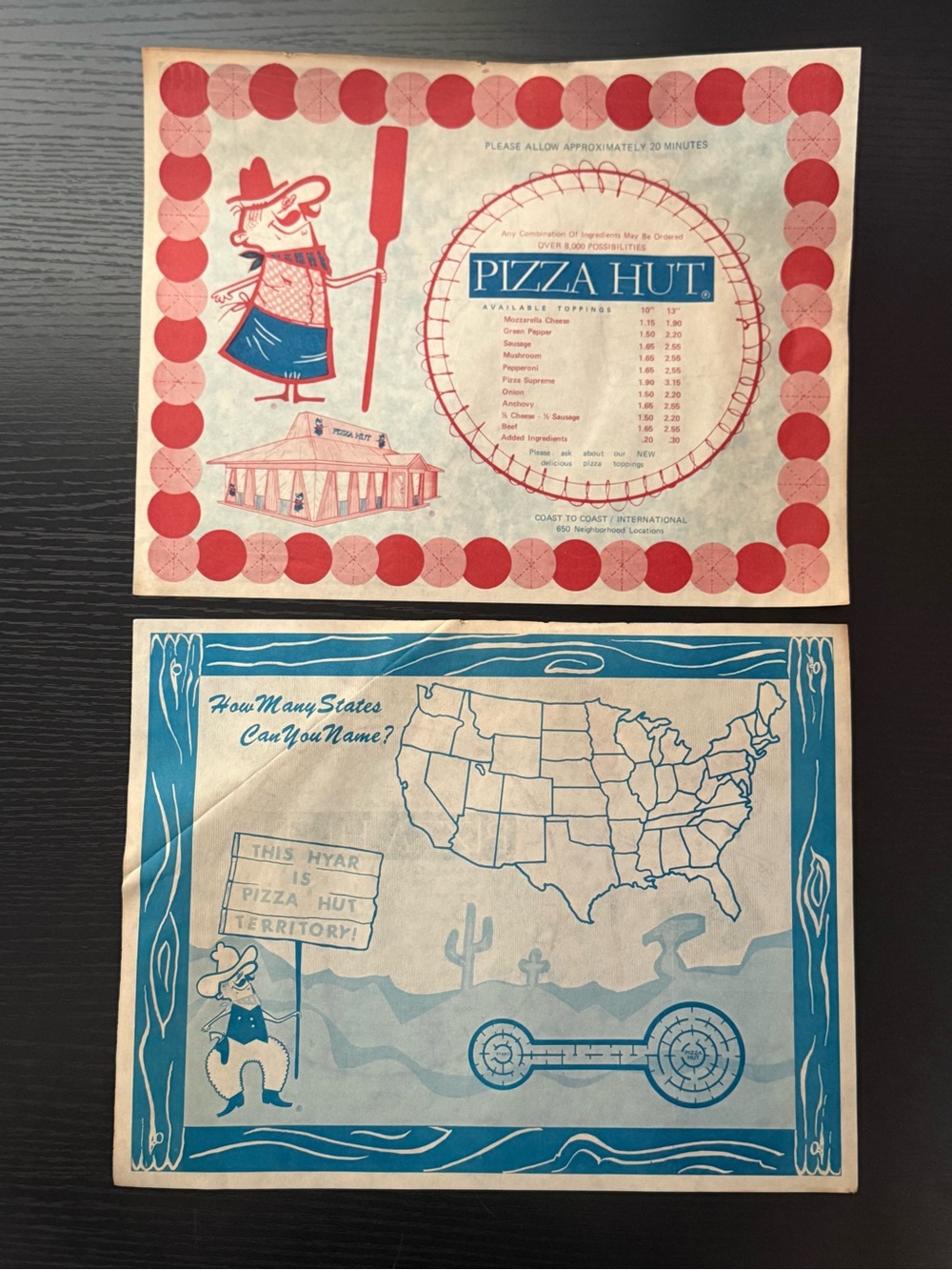 Set of (2) Vintage 1970’s PIZZA HUT Paper Menus 650 Neighborhood Locations